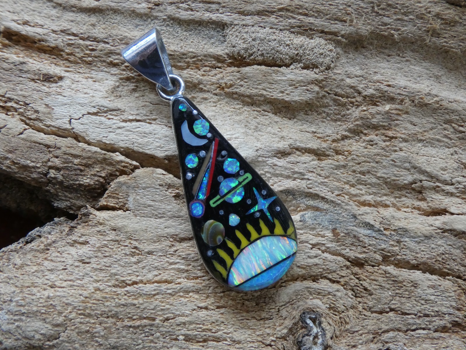 Sun Planets Night Sky Gemstone Opal Aluminum Sterling Silver Alloy Pendant AT2