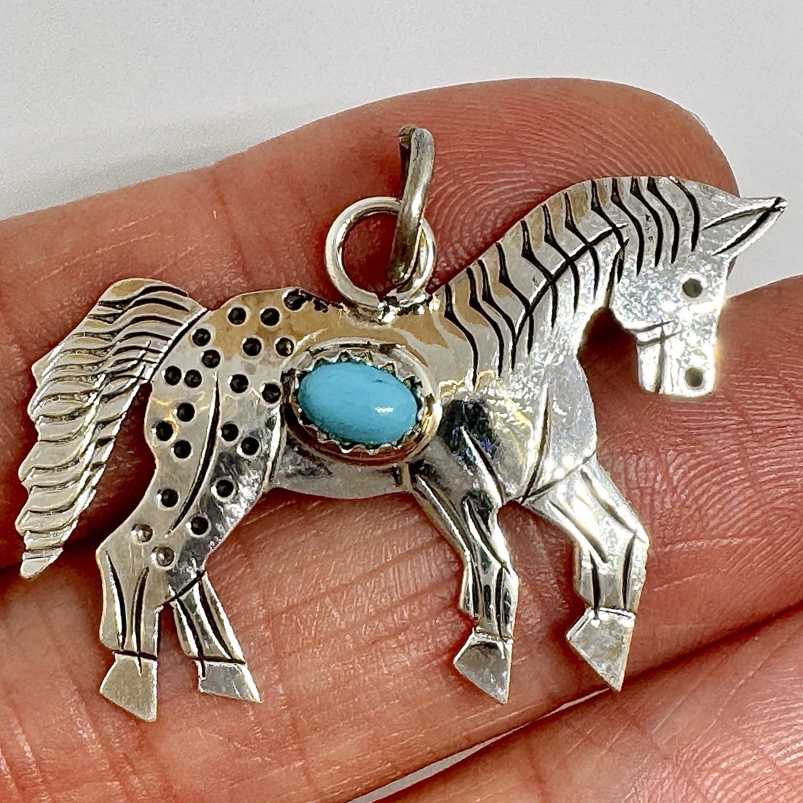Navajo Horse Turquoise Pendant 1.5in Signed Louise Yazzie Sterling Running USA