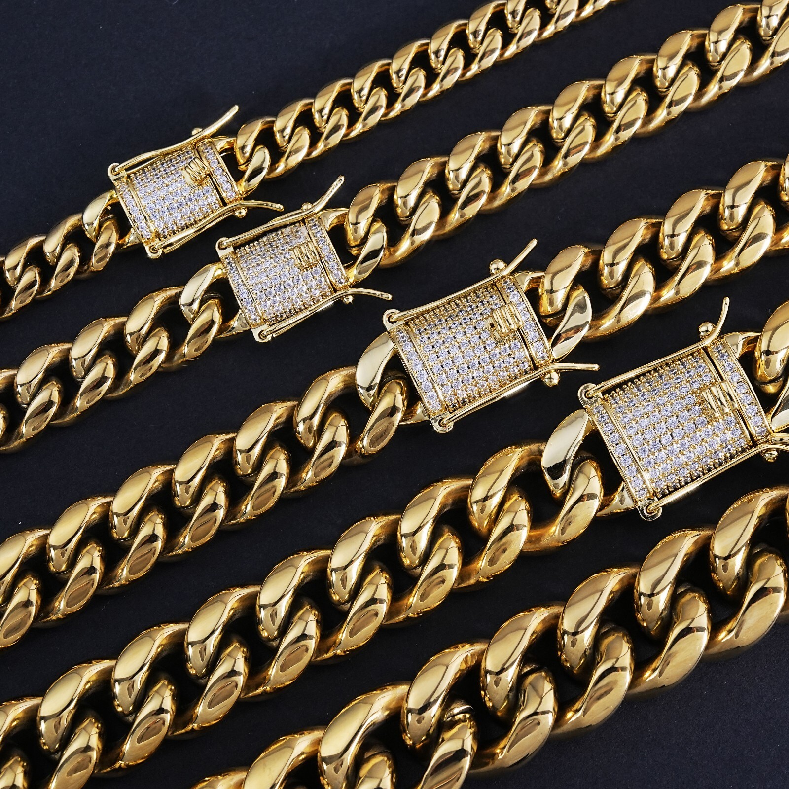 14K Gold Plated Chain CZ Clasp Stainless Steel Miami Cuban Link Bracelet 6-14MM
