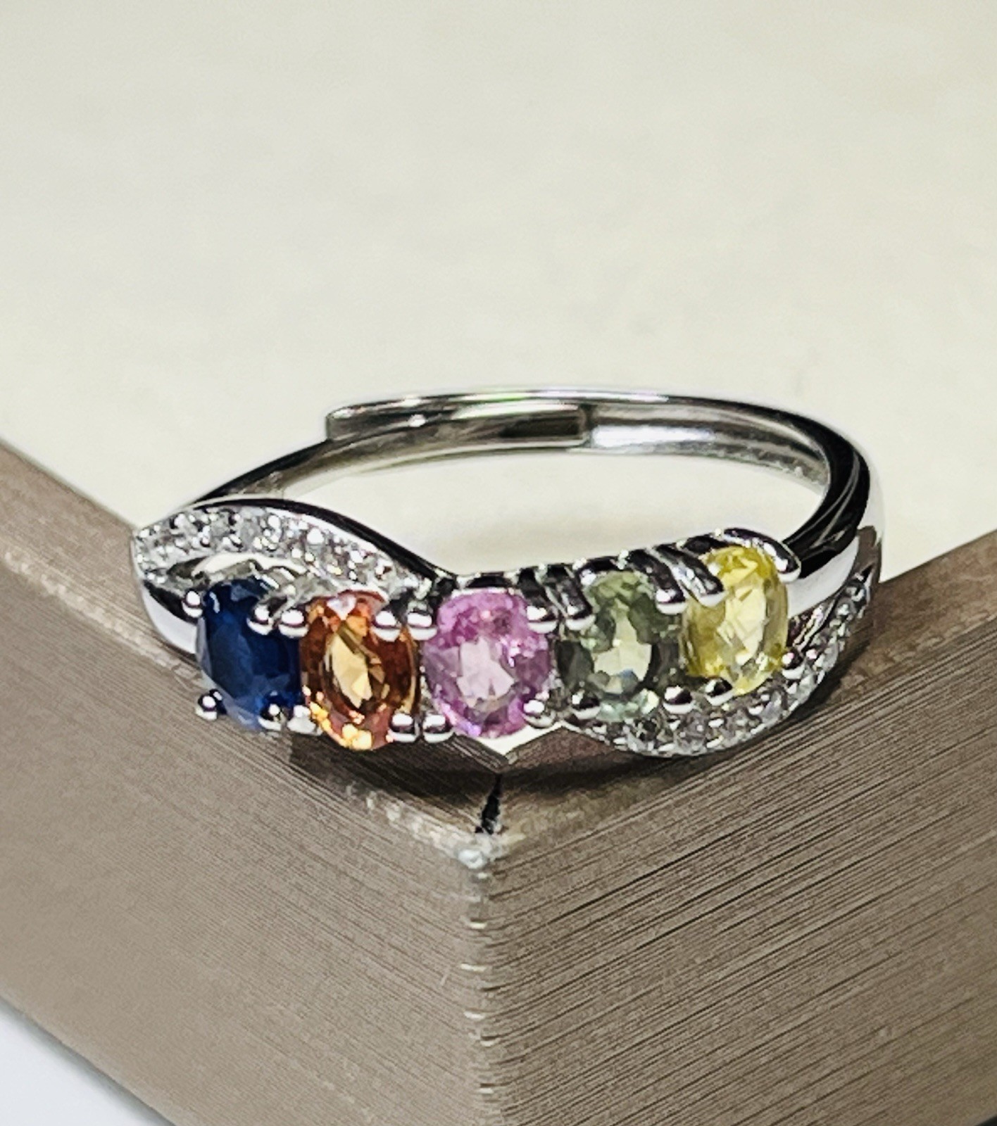 925 Sterling Silver Natural Sapphire Pink Blue Green Orange Yellow Band Ring
