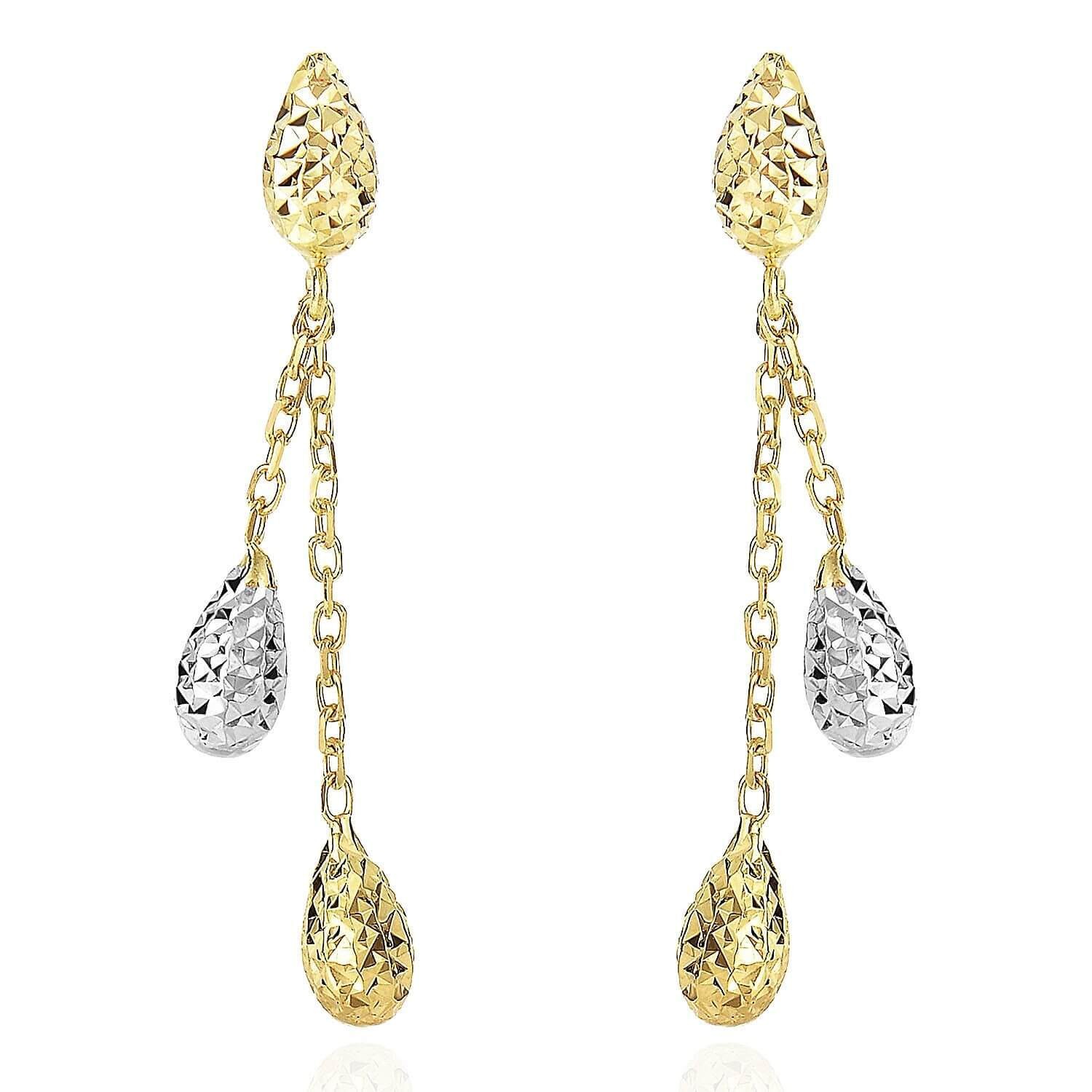 14K Yellow White Gold Puffed Diamond-Cut Teardrop Drop Butterfly Back Earrings