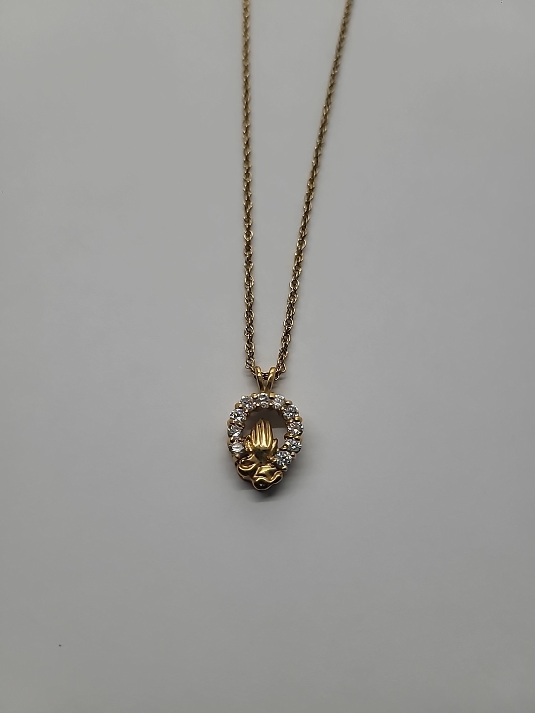 Vintage Gold Tone Rhinestone Praying Hands Pendant Necklace Religious Jewelry