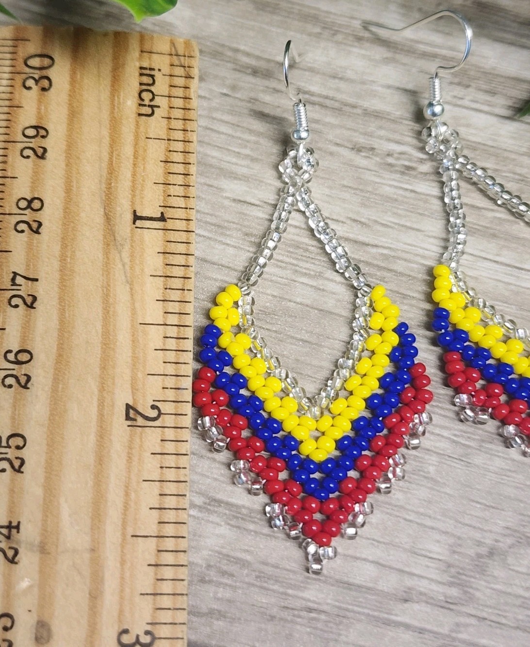 Handmade Seed Bead Earrings Colombia Flag Colors Boho Dangle Teardrop Jewelry