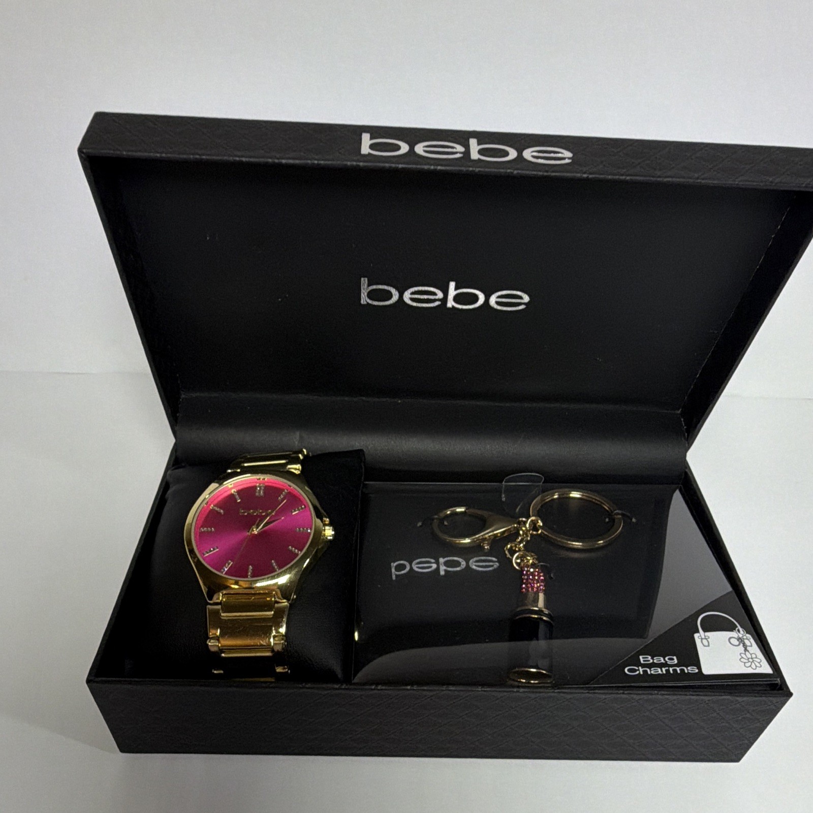 bebe Women’s Gold Tone Bracelet Watch Pink Dial Quartz w/ Box Set