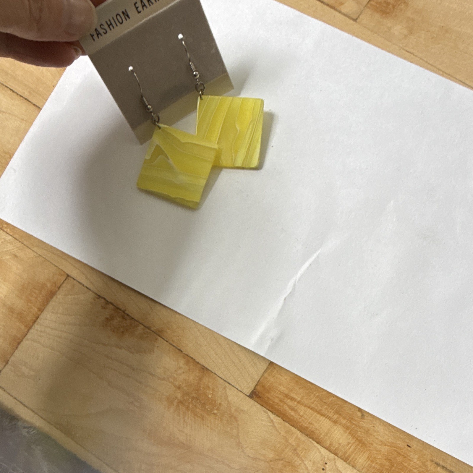 Yellow Square Dangle Drop Earrings Plastic No Stone 2in Hook Taiwan
