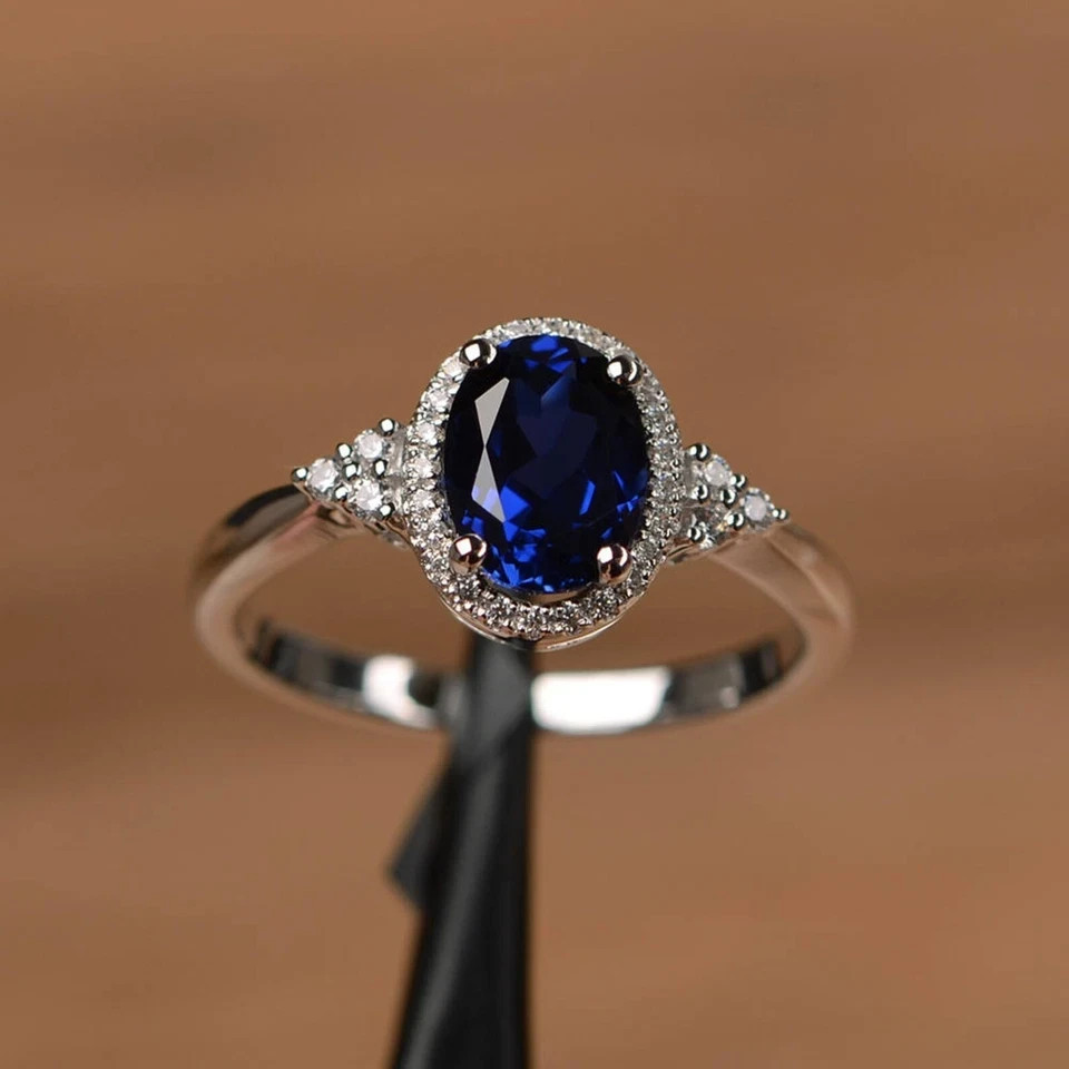 4.50 Ct Oval Cut Natural Sapphire & Diamond Wedding Ring 925 Sterling Silver