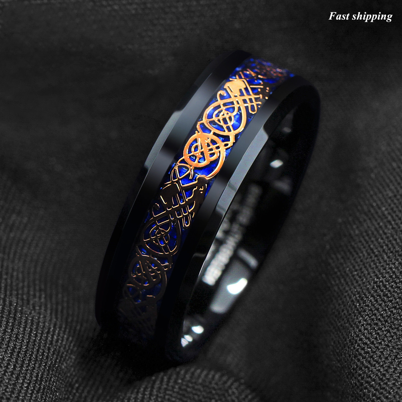 8mm Black Tungsten Ring Rose Gold Celtic Dragon Blue Carbon Fibre ATOP Jewelry