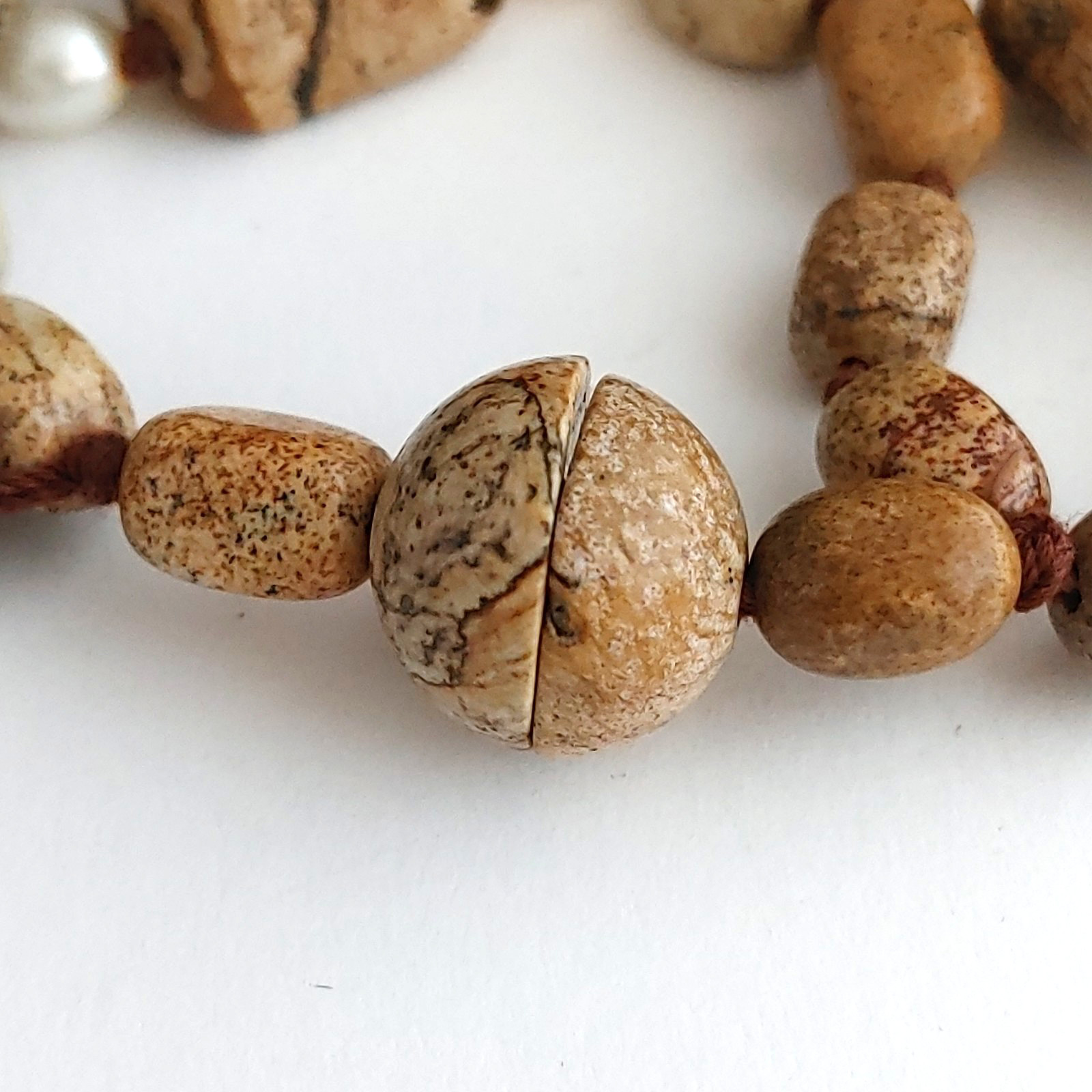 Jasper Stone Freshwater Pearl Bracelet 2 Strands Knotted Magnetic Clasp 8.5”