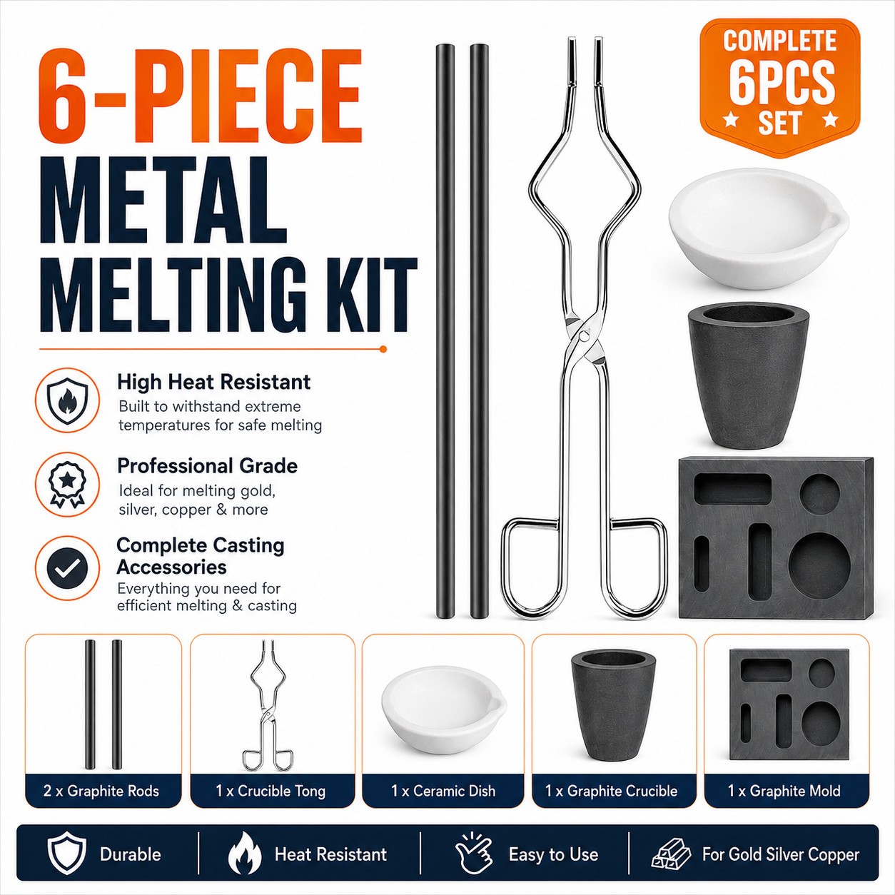 6Pack Metal Melting Refining Kit Graphite Mold Crucible Tongs Rods Copper