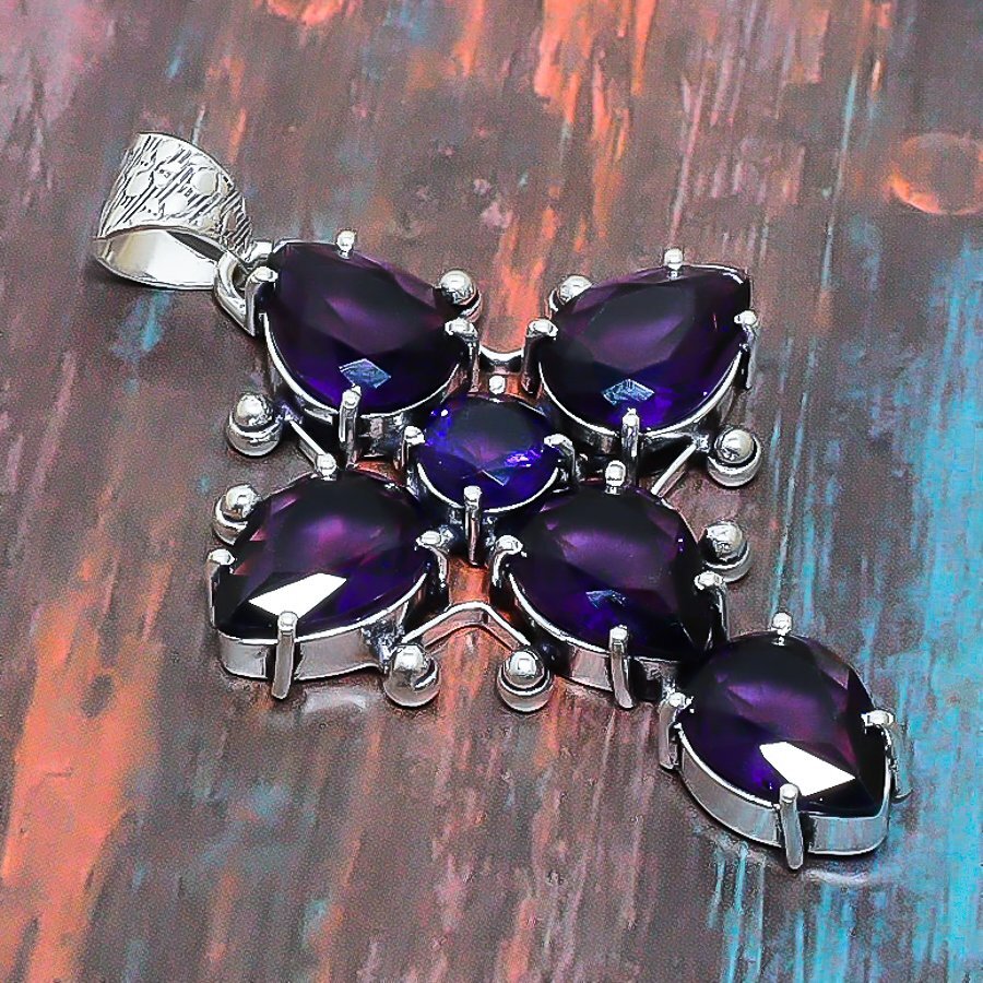 Cross Amethyst Gemstone Handmade Gift Jewelry Pendant 2.56″ y654