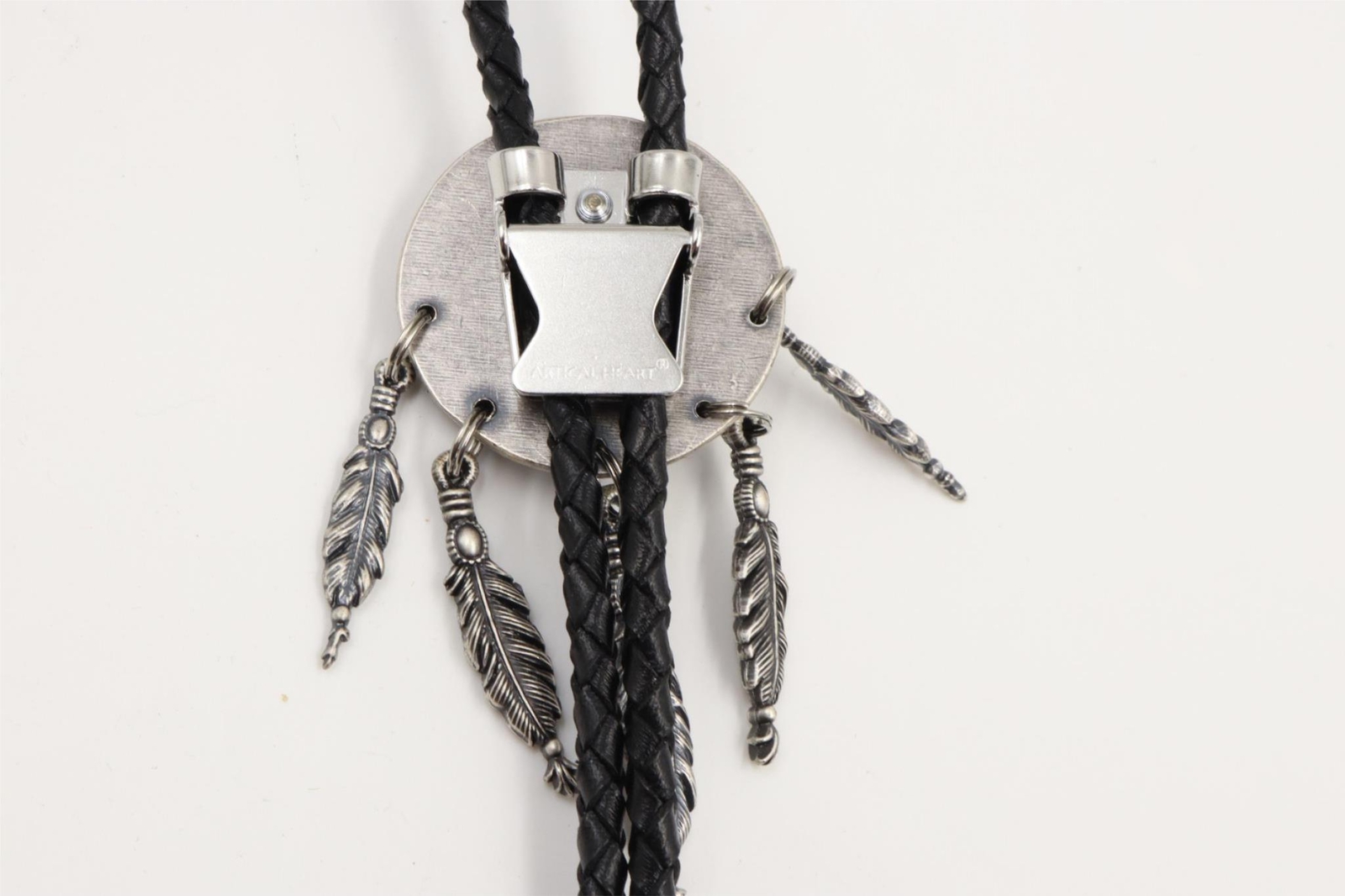 Nature Labradorite Stone w/ Feathers Silver Plated Western Leather Bolo Neck Tie