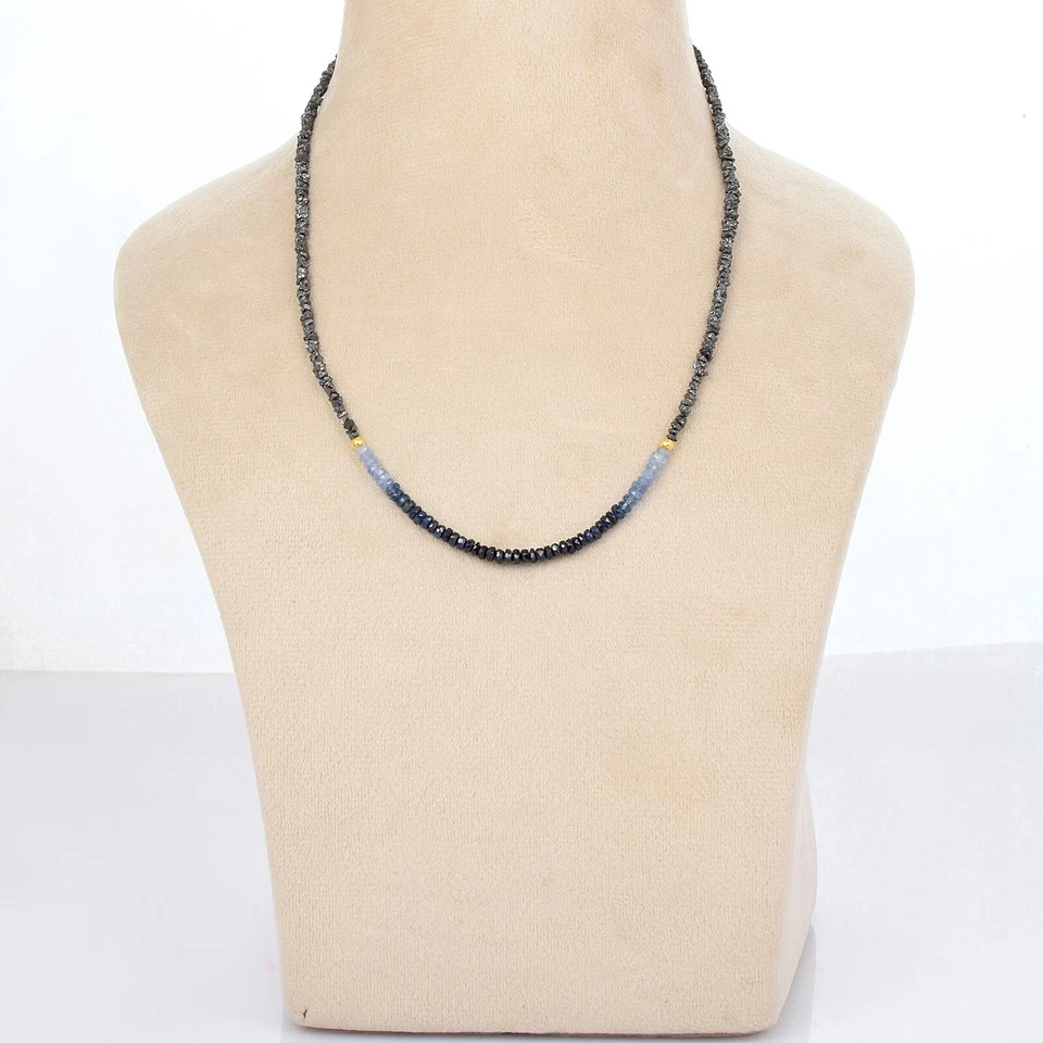 Natural Black Diamond And Blue Sapphire Beads Nuggets 925 Silver Strand Necklace