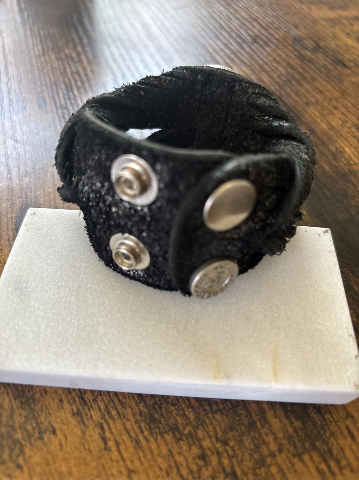 Leatherneck Black Leather Bracelet with A Crystal-embellished center Stone.