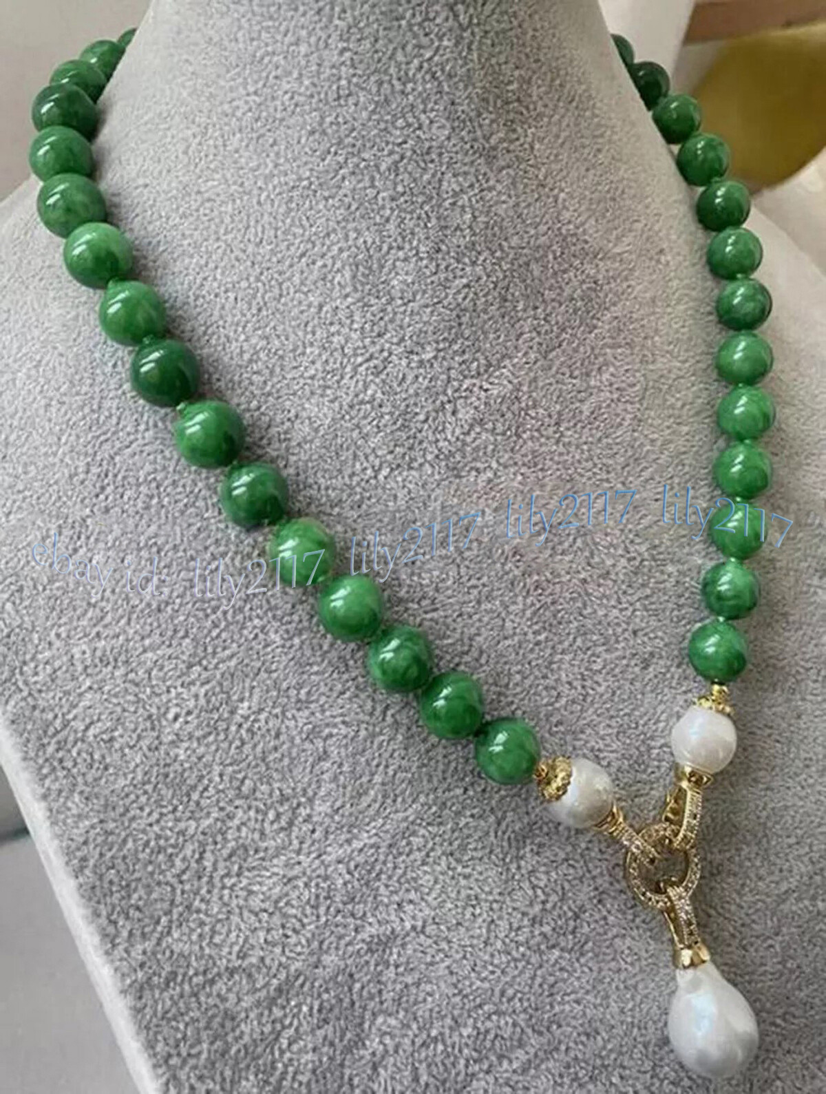 Natural Green Jade Round Gems Beads White Baroque Keshi Pearl Pendant Necklace