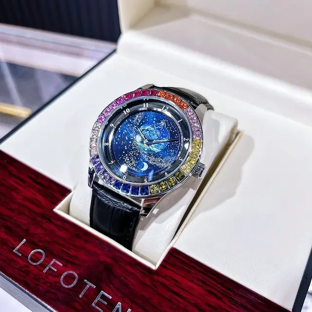 Luxury Rotating Star Dial Rainbow Case Automatic Men’s Watch Leather Strap
