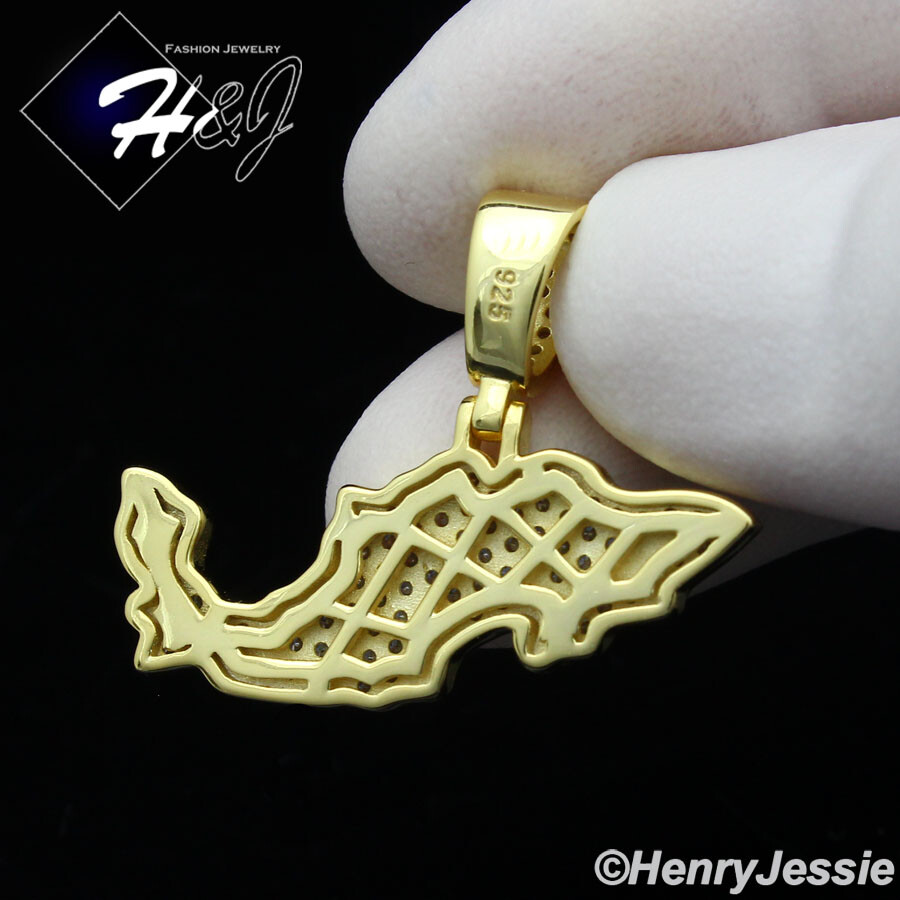 MEN 925 STERLING SILVER ICY CUBIC ZIRCONIA GOLD PLATED MEXICO MAP PENDANT*GP352