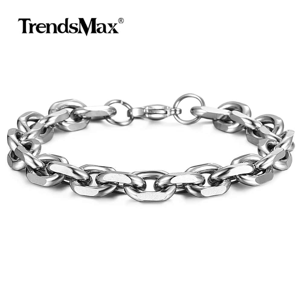 10mm Oval Round Cable Link Bracelet Mens Silver Tone Stainless Steel Chain Gift