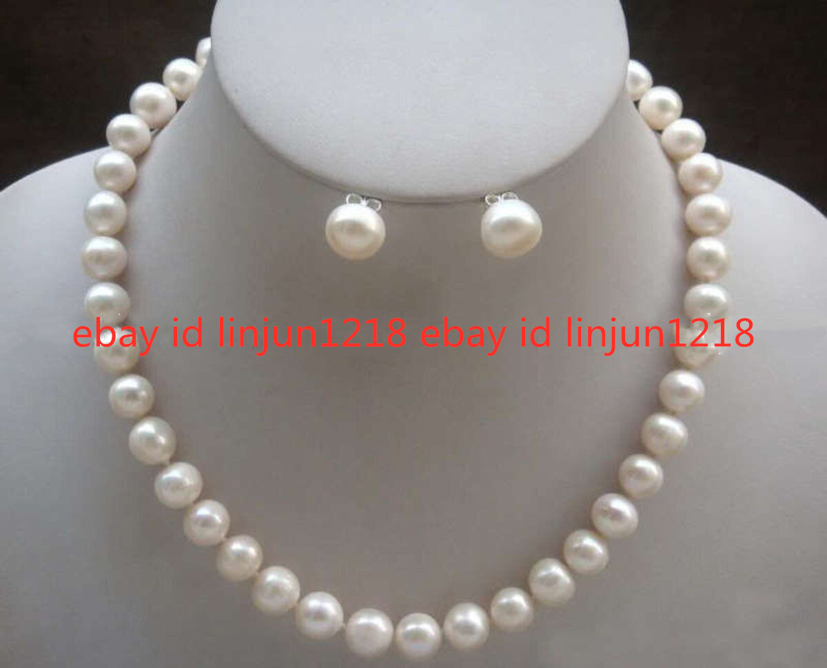 Beautiful Natural 8-9mm Real White Cultured Pearl Necklace Earrings Set 16-36in