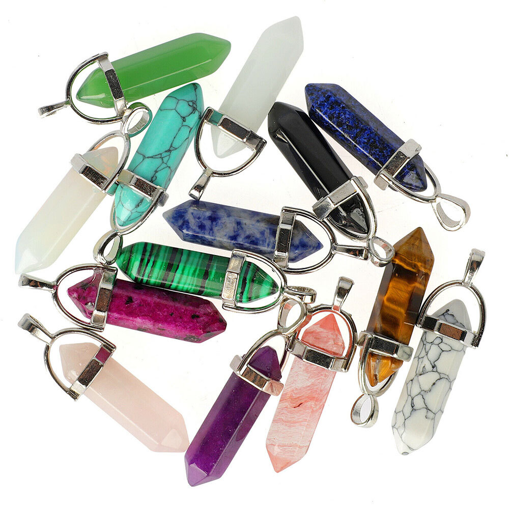 100Pcs Natural Crystal Necklace Pendant Gemstone Chakra Stone Healing Rope Chain