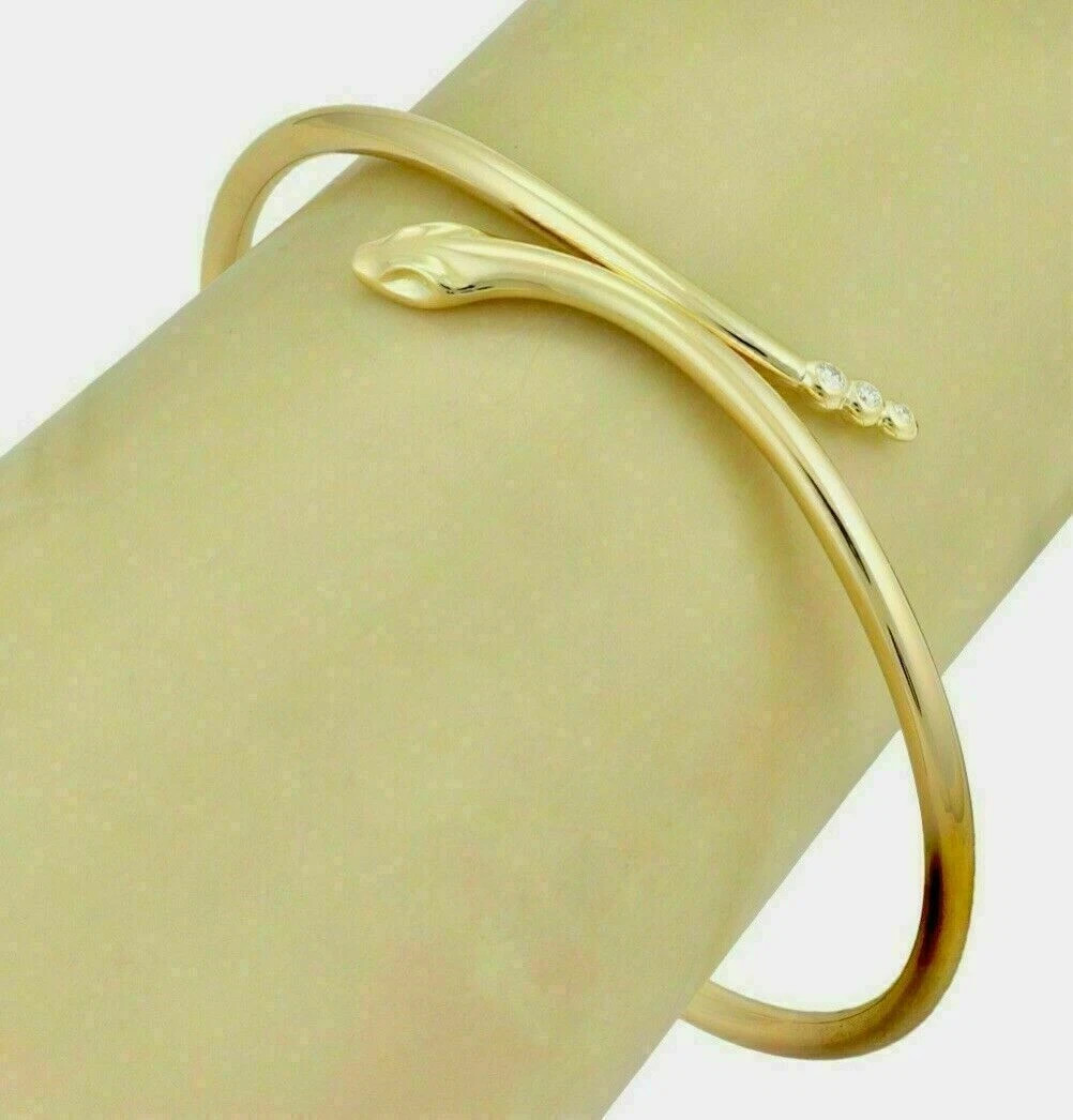Round Cut 3 Moissanite Snake Women’s Bangle Bracelet 14K Yellow Gold Finish
