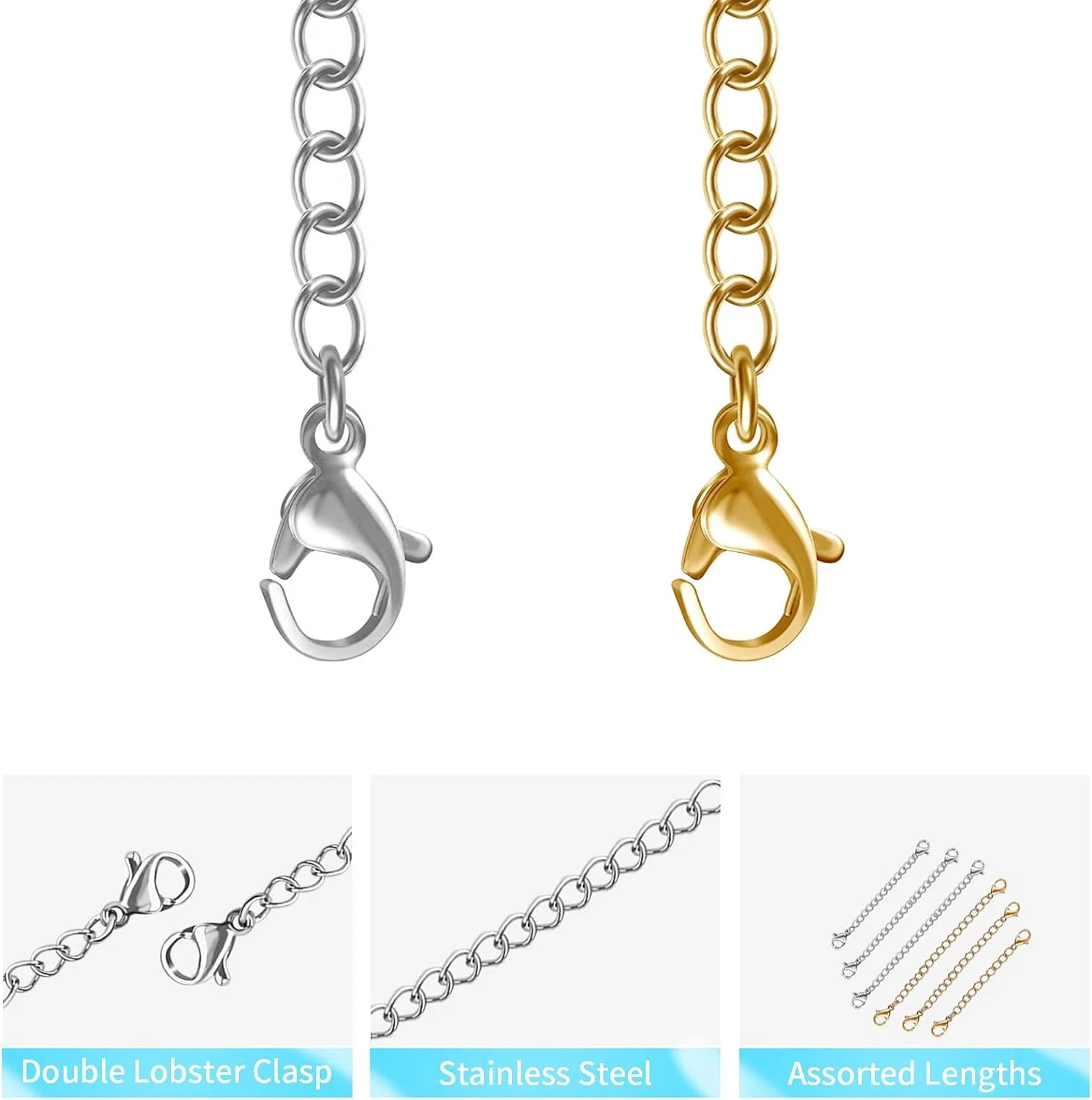 12 PCS Necklace Extenders – Stainless Steel Necklace Extension Chain for Jewelry