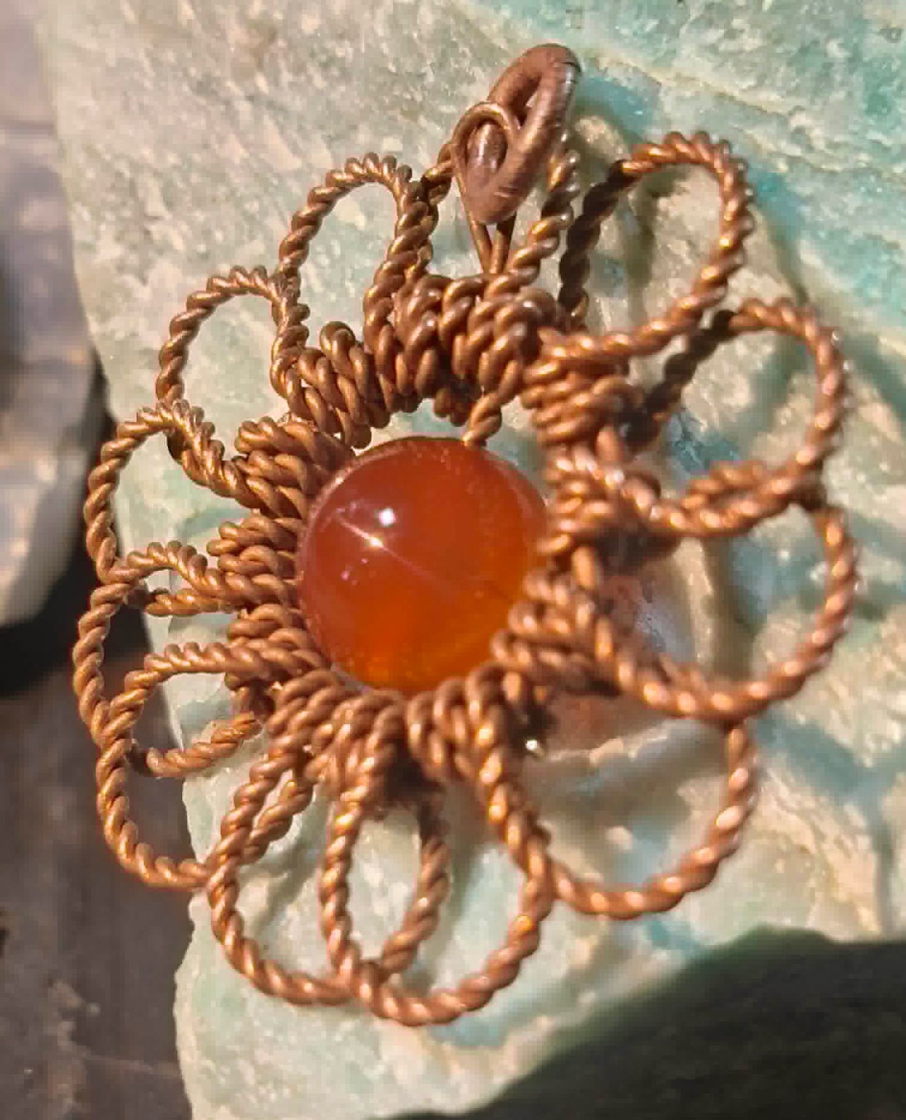 Flower Pendant Copper Daisy Wire Wrapped Mandala Agate Energy Lucky Jewelry #PM5