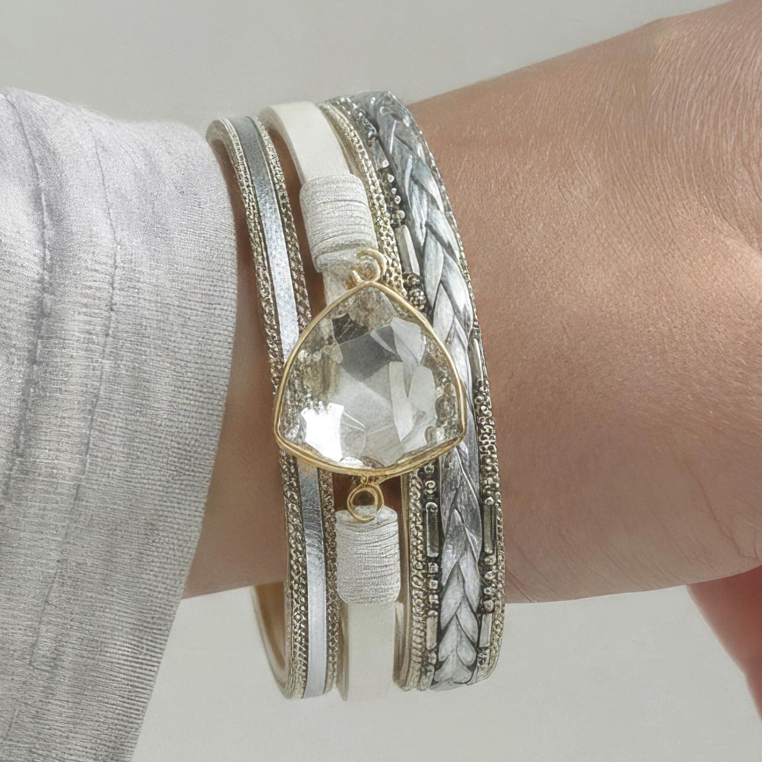 Multi Strand Faux Leather Magnetic Cuff with Plaited Strand Crystal Bracelet