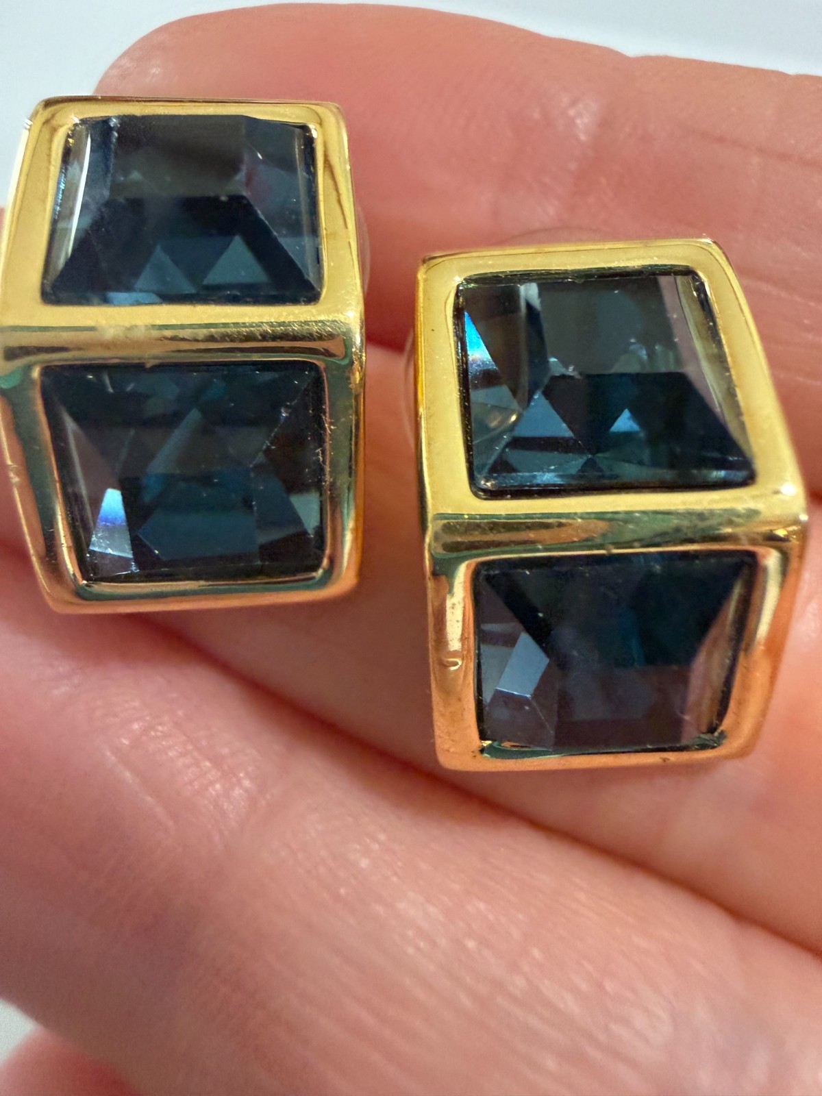 Vintage SAL Swarovski Crystal Blue Cube Illusion Post Earrings Gold Tone Stamped