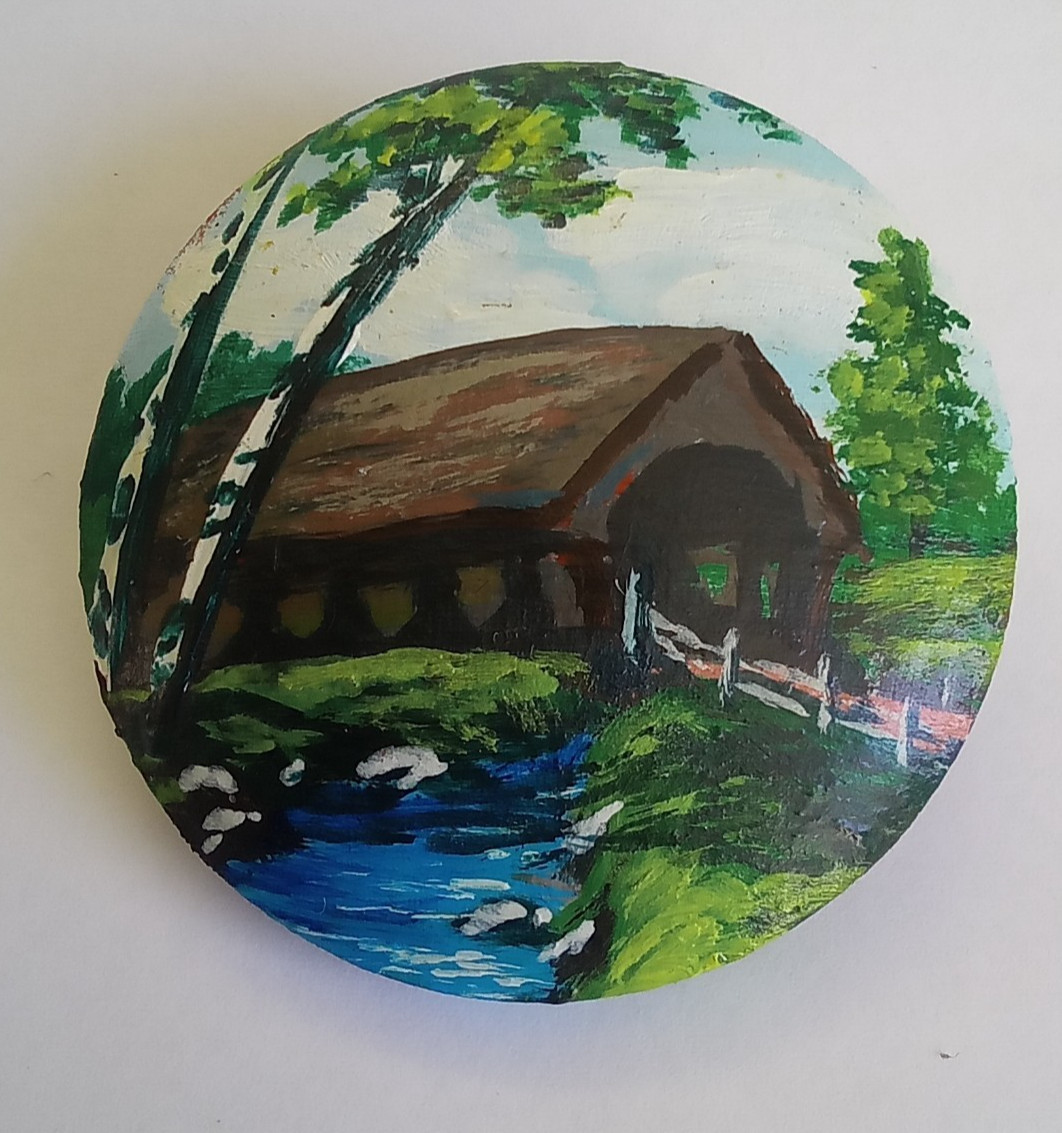 Vintage Hand Painted Covered Bridge Wooden Brooch Pin