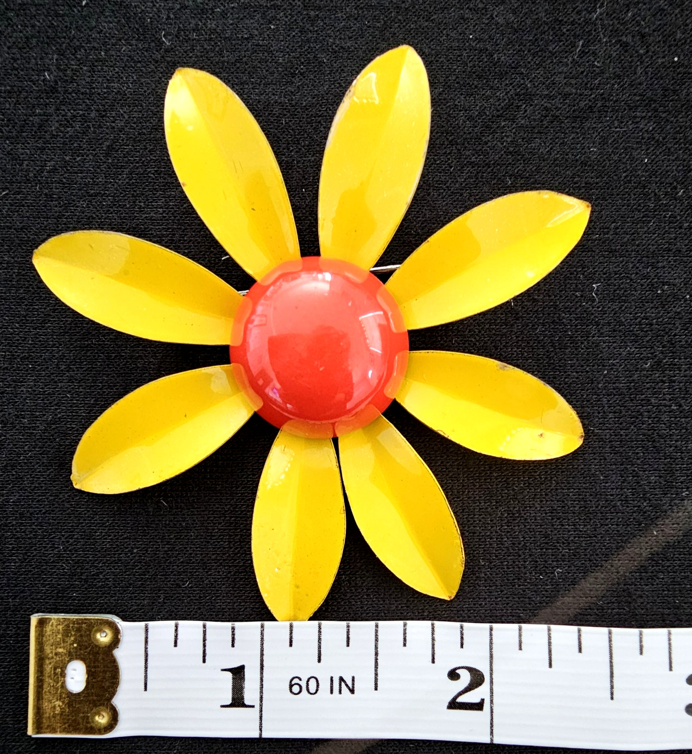 Vintage Yellow Orange Enamel Daisy Flower Brooch Pin 2.5″ Mod 60s Retro