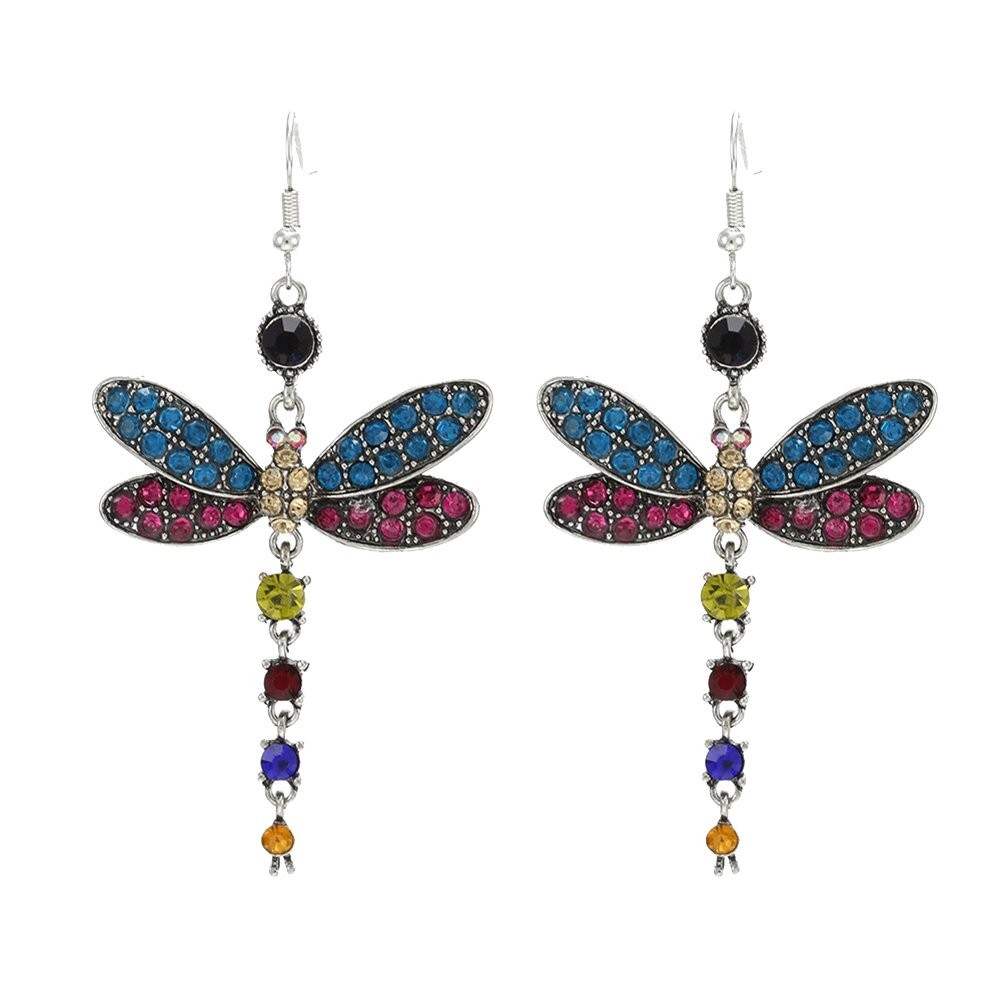 Multicolor Rainbow Dragonfly Colorful Dangle Earrings Silver Tone, Radiant