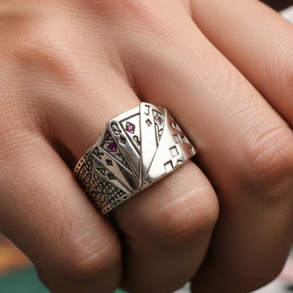 Mens 925 Silver Plated Ring Adjustable Royal Flush Playing Card Resizable Sterli