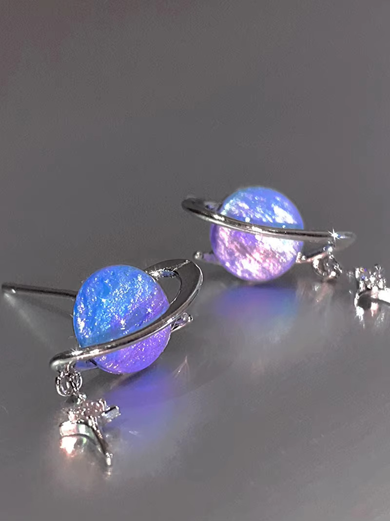 925 Sterling Silver Cat Eye Planet Round Stud Earrings Minimalist Women Gift