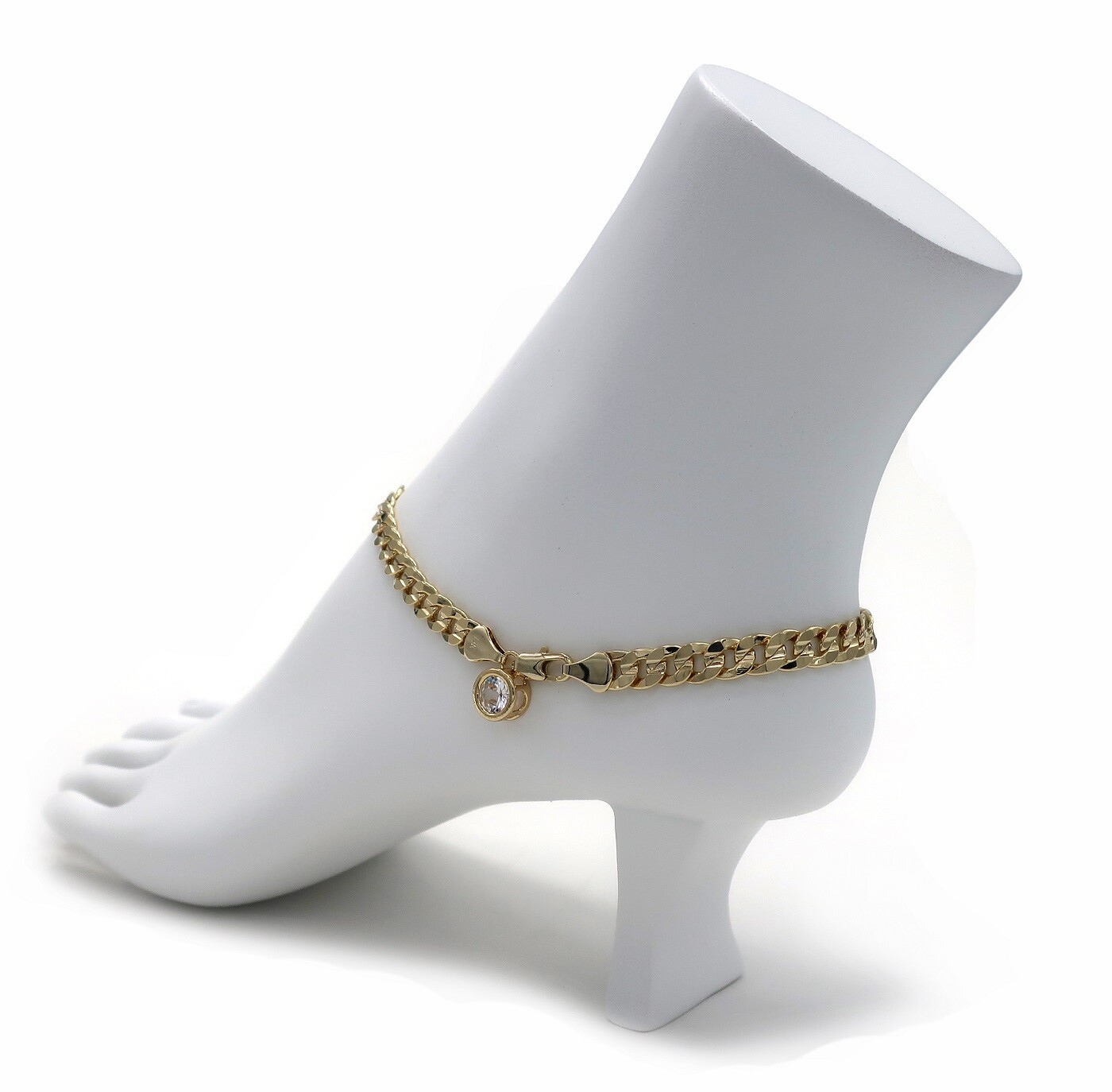 6mm CONCAVE CUBAN LINK CHAIN ANKLET CZ ANKLE BRACELET 14K GOLD PLATED