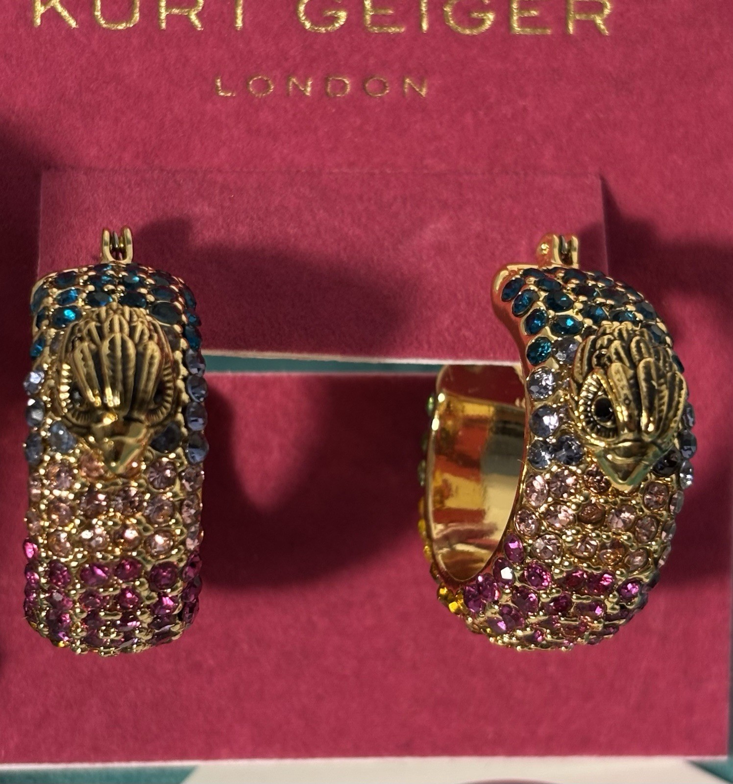 Kurt Geiger London Rainbow Crystal Eagle Hoop Earrings Gold Tone NWT