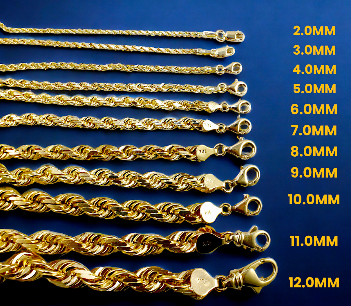 10K Yellow Gold 1mm-23mm Solid Rope Chain Necklace Diamond Cut All Sizes