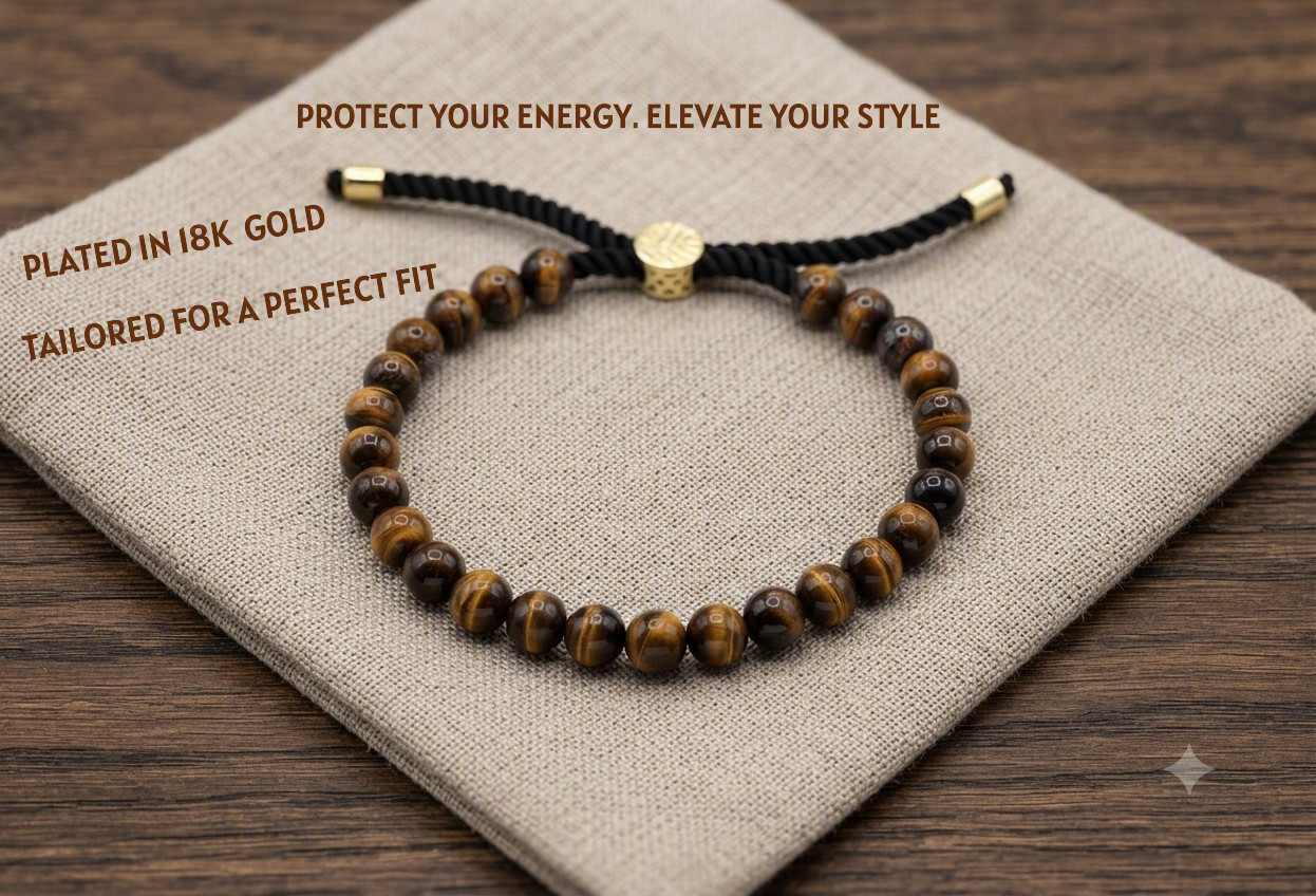 Natural Tiger Eye Gemstone String Bracelet 18K Gold Plated