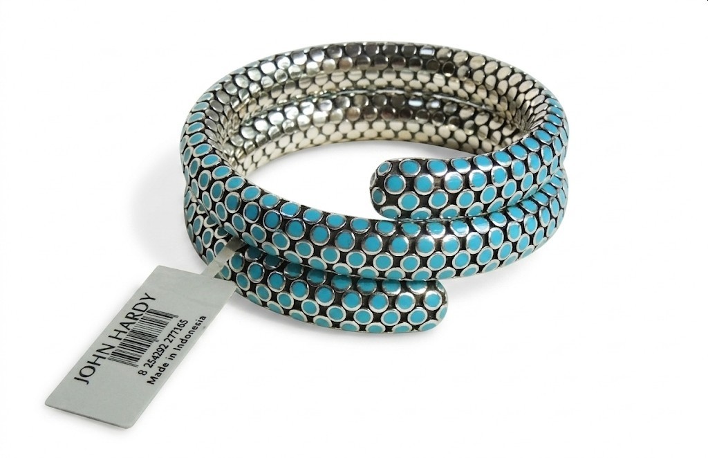 John Hardy Dot Turquoise Enamel Silver 28.5mm Coil Bracelet 99 grams $1,795 NWT