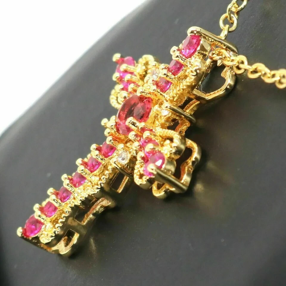 3Ct Round Cut Red Ruby Diamond Cross Pendant 14K Yellow Gold Over