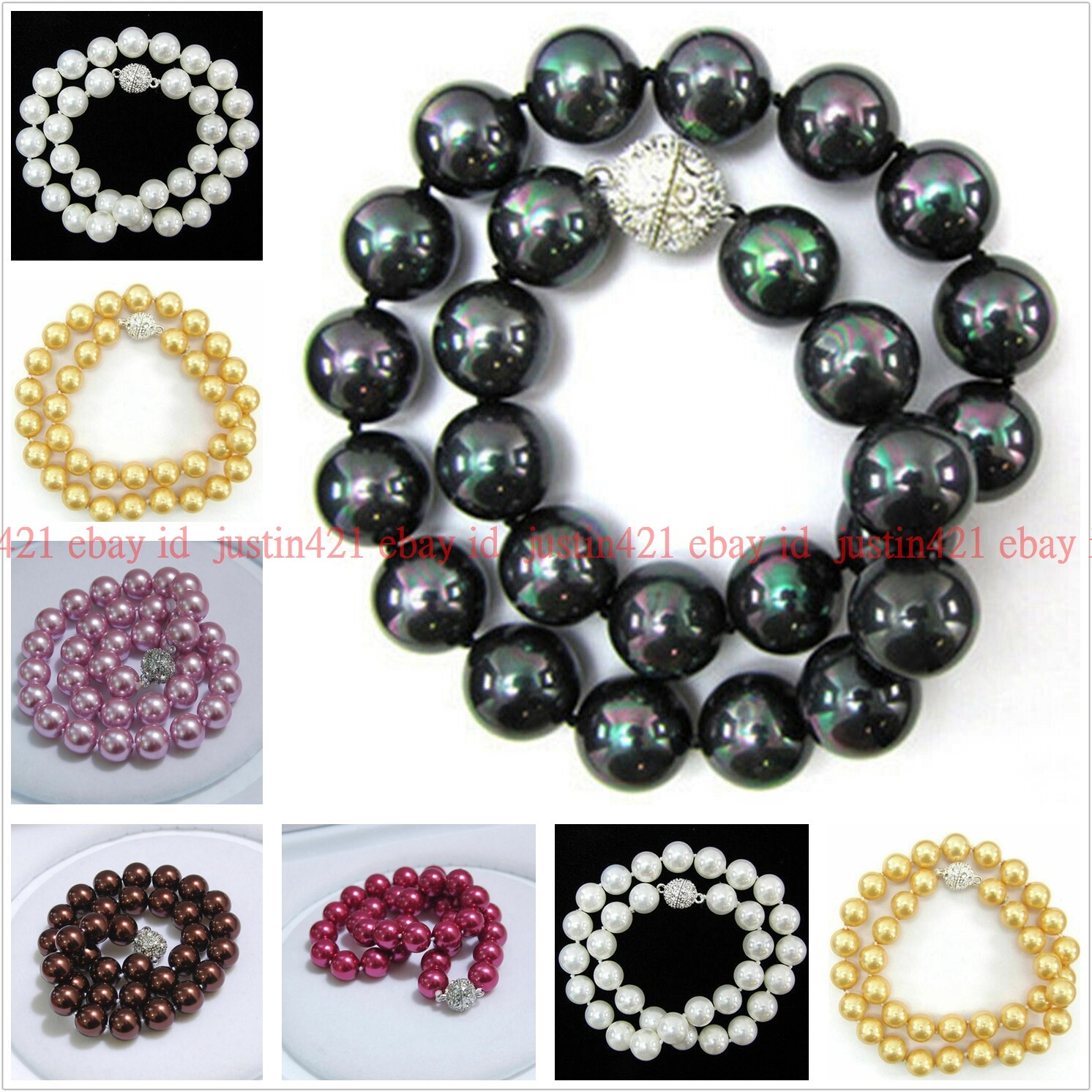 8-12mm Shell Pearl Round Gems Beads Necklace 18″ Magnet Clasp（Not real pearls）