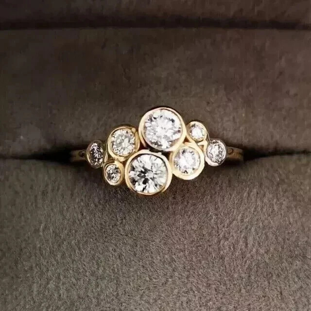 14K Yellow Gold Plated 2CT Round Cut Real Moissanite Bezel Cluster Wedding Ring
