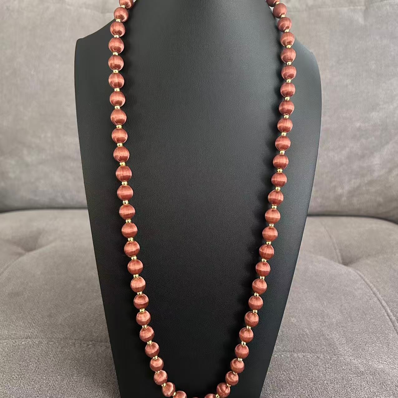 Vintage Burgundy Silk Satin Thread Wrapped Bead Single Strand Necklace 30″