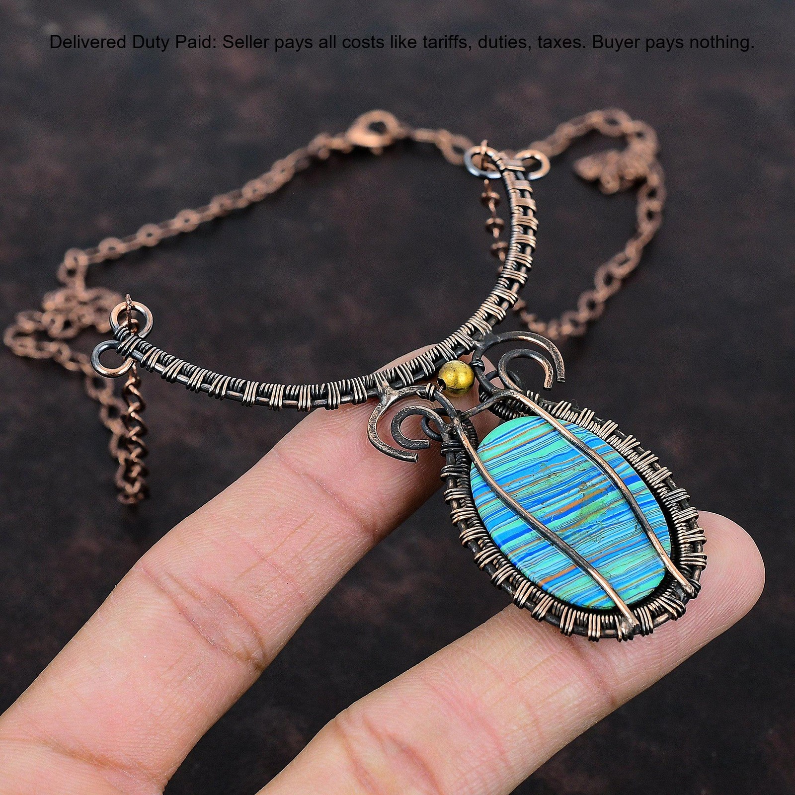 Copper Rainbow Calsilica Stone Chain Wire Wrapped Engagement Necklace Jewelry