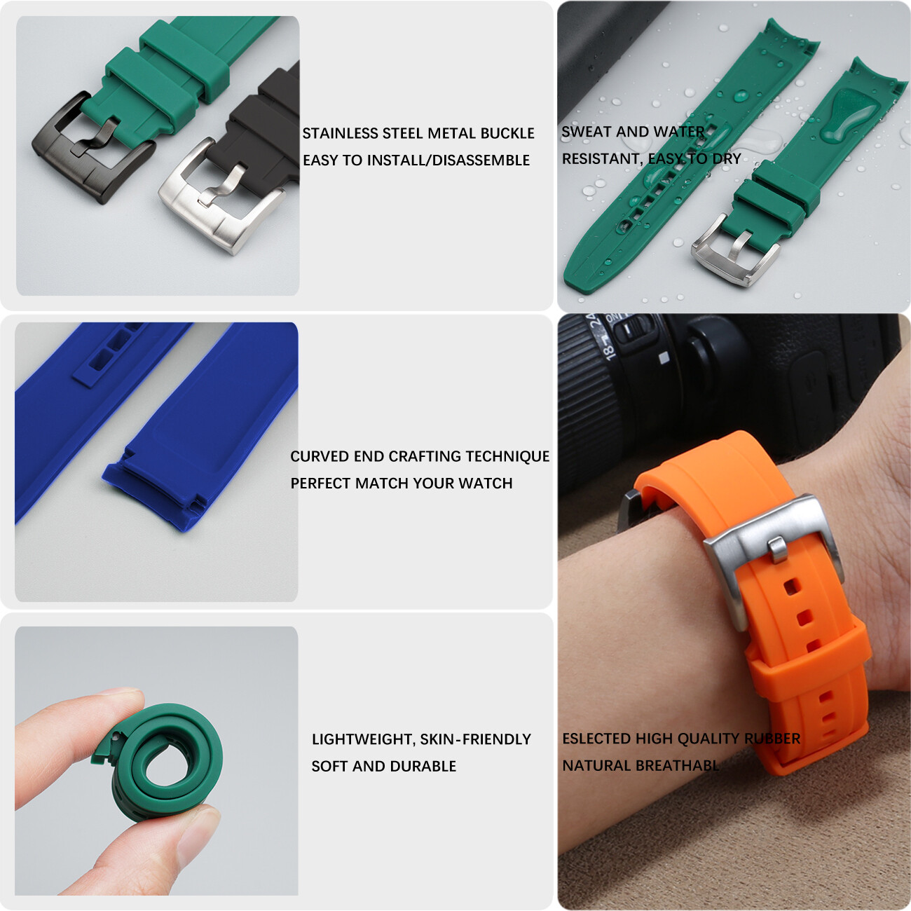 20 22mm Rubber Watch Band Premium Silicone Universal Curved Ends Rubber Strap