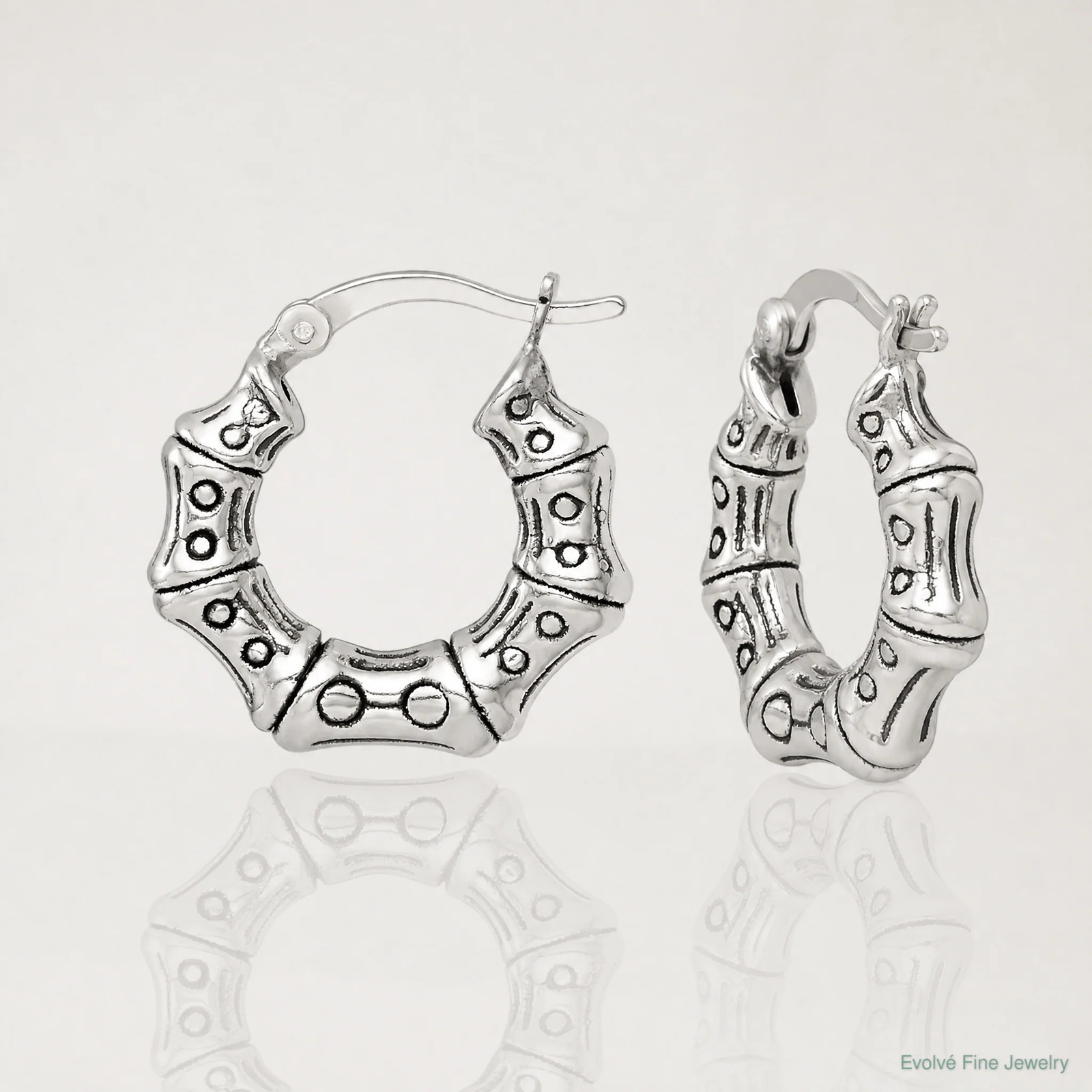 Sterling Silver Antiqued Textured Bamboo Round Hoop Earrings