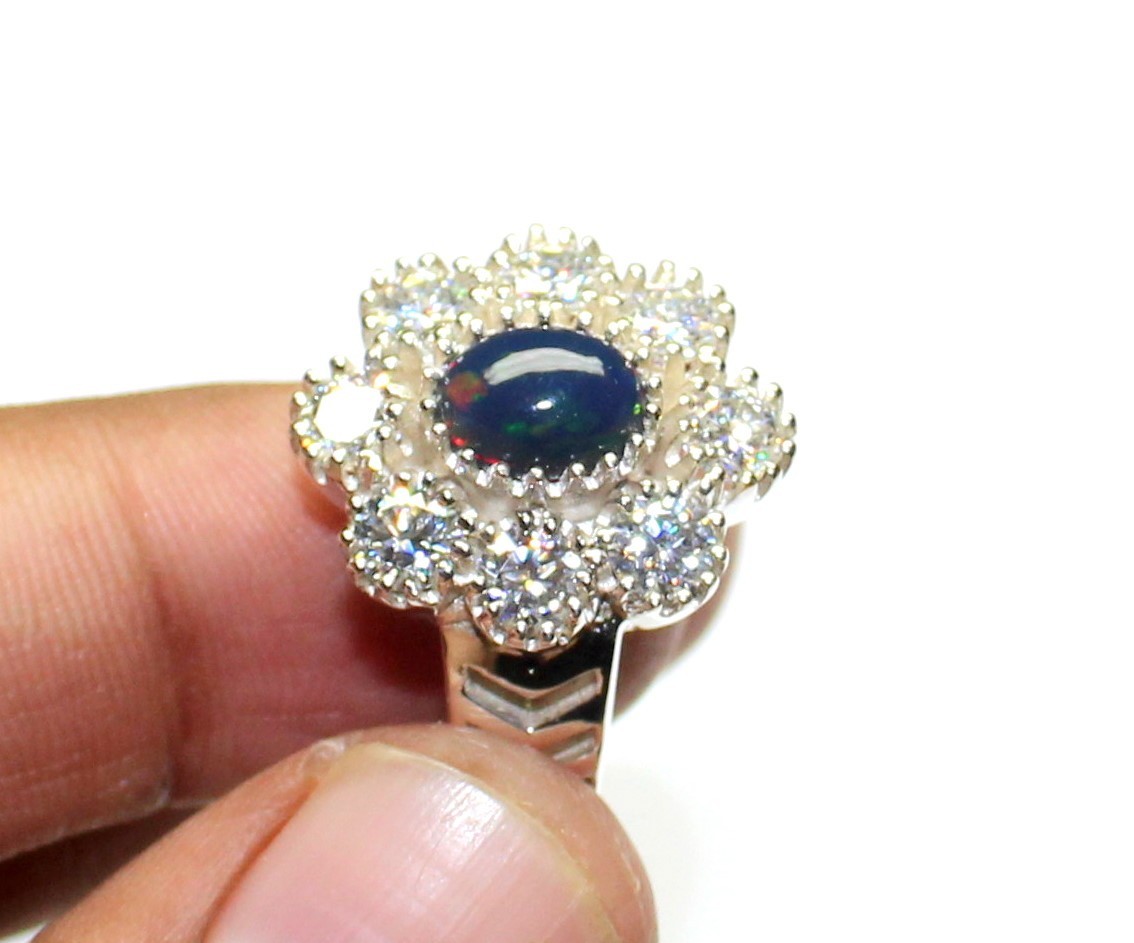 Black Opal Ring, Sparkle Moissanite 925 Silver Ring, Unique Engagement Jewelry