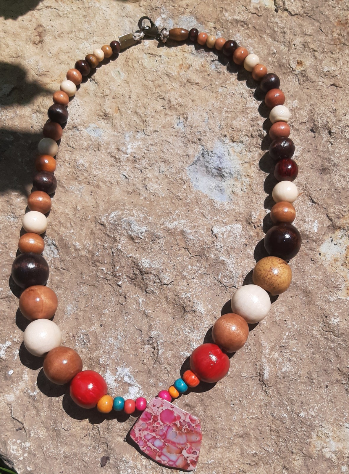 Handmade Jewelry Necklace w/ wood beads and red agate pendant