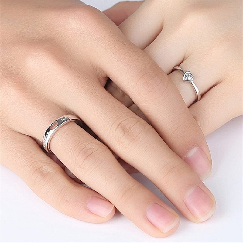 2pcs/set 925 Silver Zircon Promise Ring Couple Adjustable Letters Women Men Gift