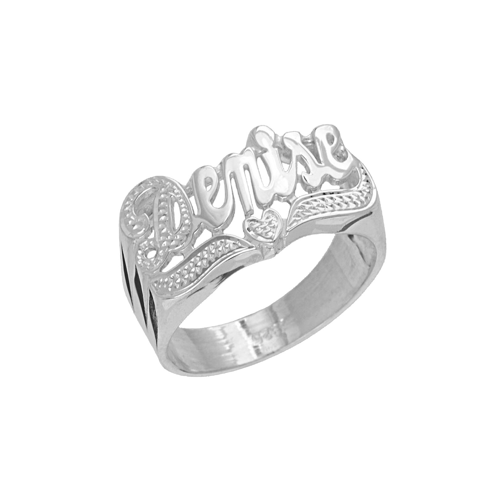 12mm size (SNS513) Sterling Silver Pave cut Heart Tail Half Rounded Name Ring