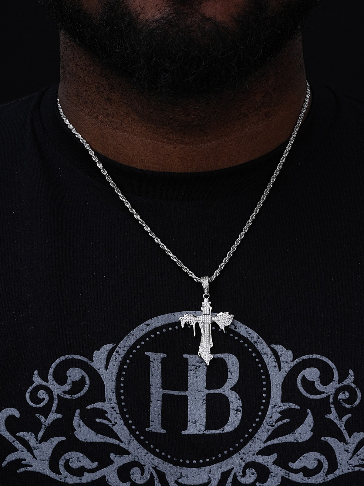 Solid 925 Sterling Silver Gold Plated Dripping Cross Mens Icy Pendant Flooded CZ